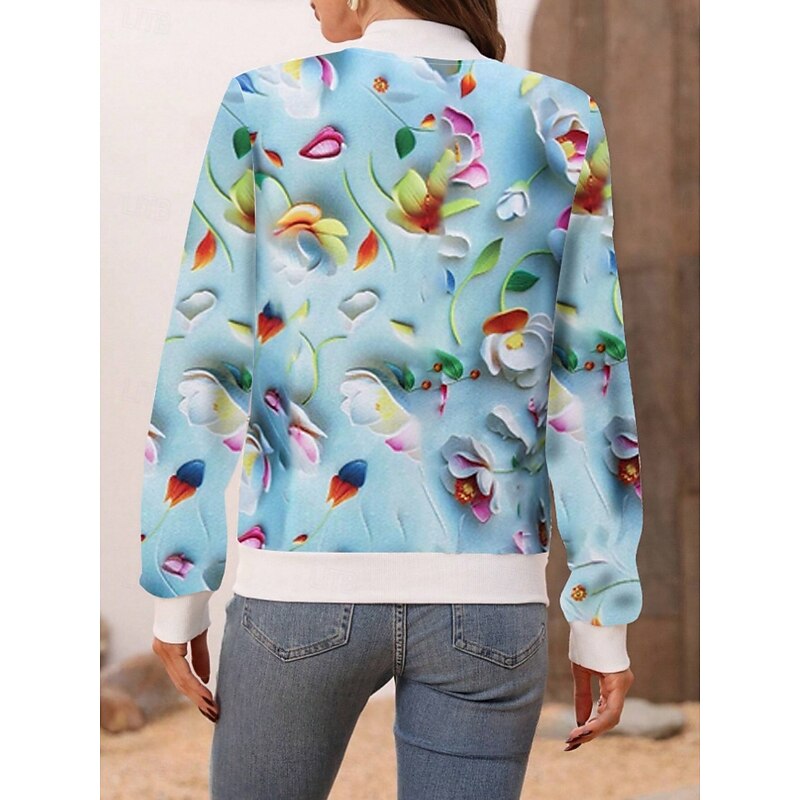 Women's Bomber Jacket Casual Jacket Comfortable Breathable Zipper Pocket Print Casual Floral Vacation Street Casual Daily Wear Zipper Short Stand Collar Regular Fit Long Sleeve Outerwear White Pink2