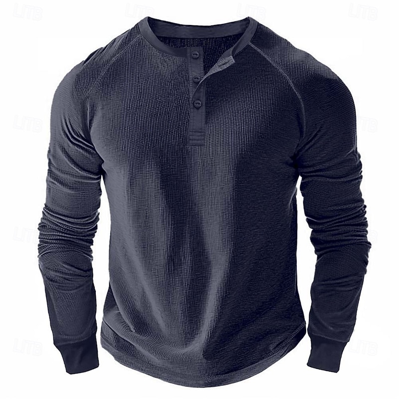 Men's Waffle Henley Shirt Tee Long Sleeve Solid Color Plain Textured Fashion Designer Casual Raglan Sleeves Henley Outdoor Casual Daily Summer Fall Winter Black Light Blue Dark Red Henley T-Shirt