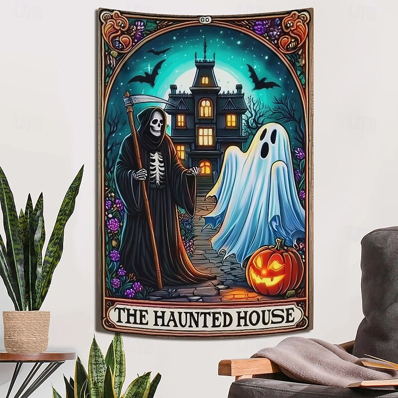 The Witch Tarot Card Style Wall Tapestry Backdrop, Gothic Occult Halloween Decoration for 2025 Halloween Living Room, Bedroom3