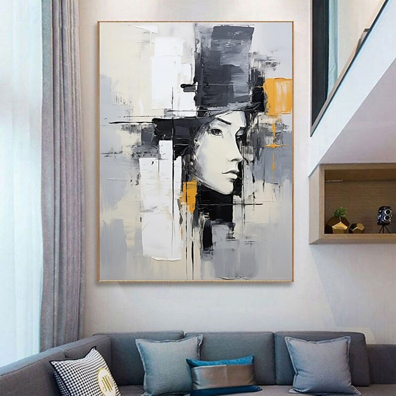 Handmade Oil Painting Canvas Wall Art Decoration Black and White Figure Abstract for Home Decor Stretched Frame Hanging Painting/Rolled Frameless Unstretched Painting2