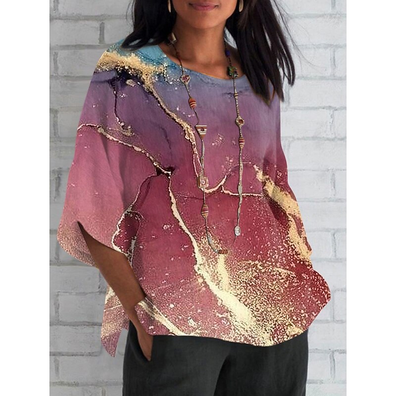 Women's Shirt Marble Daily Casual 3/4 Length Sleeve Crew Neck Regular Tops Daily Holiday Print Navy Blue Royal Blue Blue Sky Blue Dusty Blue Summer Spring Fall2