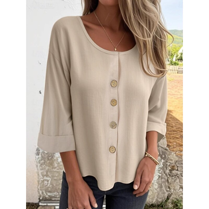 Women's Blouse Solid Color Stylish Casual Long Sleeve Crew Neck Regular Tops Daily Black White Brown Apricot Light Blue Summer Spring