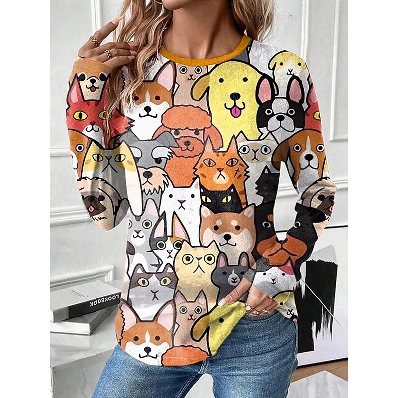 Women's T shirt Long Sleeve Crew Neck Long Sleeve Tunic Graphic Animal Vintage Stylish Modern Regular Tops Daily Print White Yellow Rainbow Fall Prefall