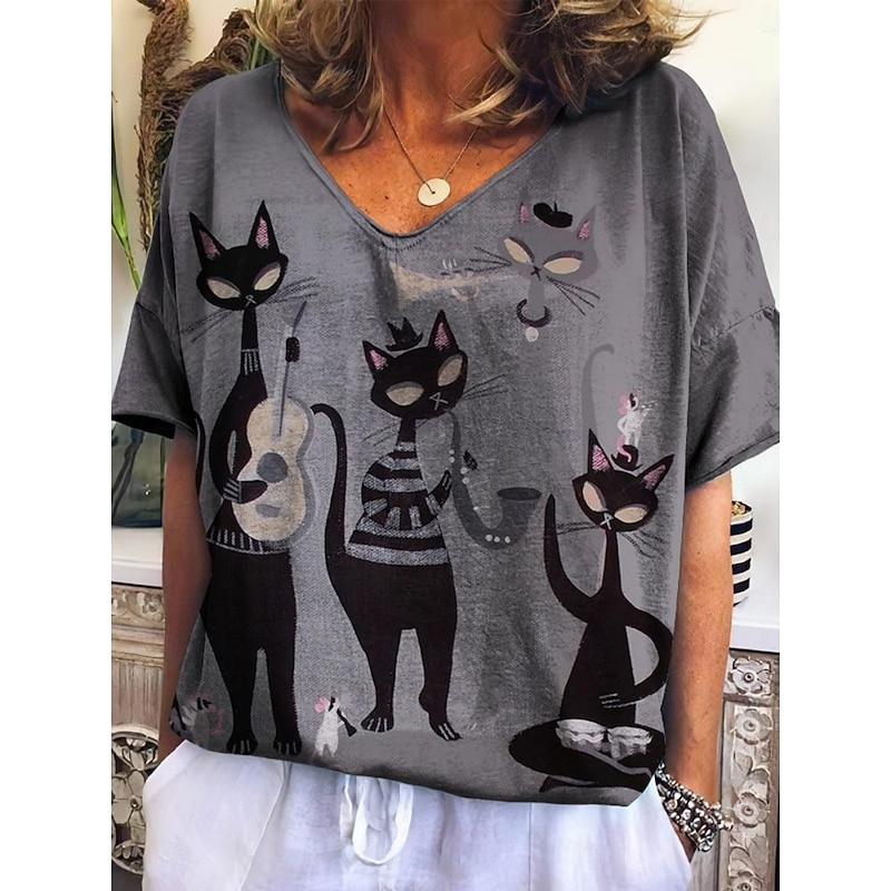 Women's T Shirt Floral Cat Fashion Modern Casual Short Sleeve V Neck Regular Tops Daily Weekend Print Red Blue Green Gray Summer2