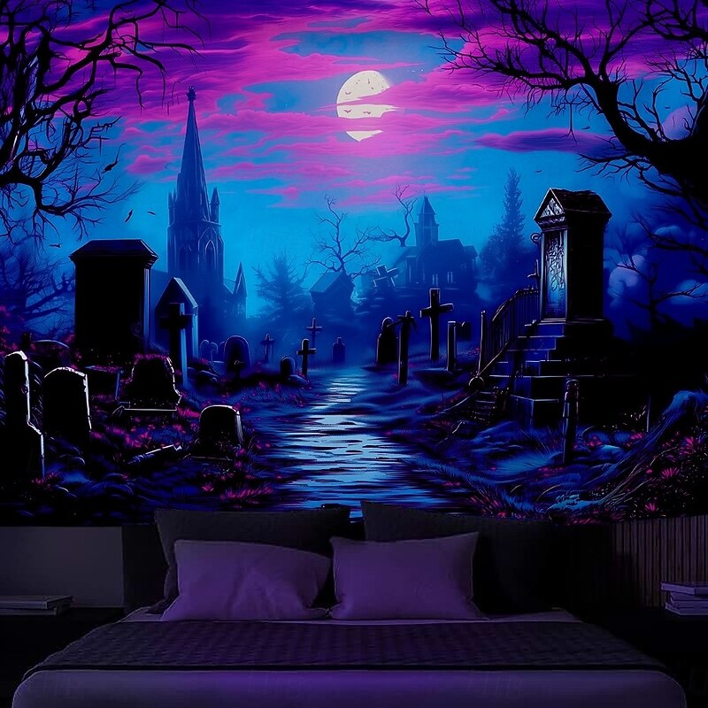 Halloween Blacklight Wall Tapestry – UV Reactive Haunted Window View Neon Colors Spooky Night Scene, Glow in the Dark Gothic Backdrop for 2025 Halloween Bedroom, Living Room Party Decoration