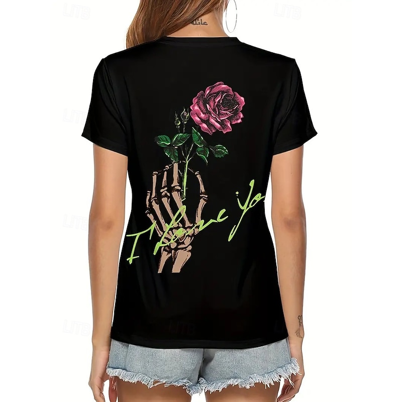 Halloween Women's T Shirt Skulls Floral Striped Stylish Casual Funny Short Sleeve V Neck Regular Tops Daily Cute Outfits Date Night Outfits Print Black Summer Spring Fall2