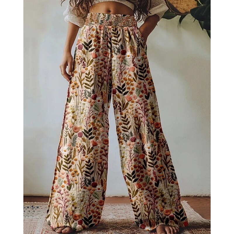 Women's Wide Leg Pants Trousers Palazzo Pants Vintage Boho Full Length High Waist Flower Elastic Waist Printing Breathability Comfortable Street Daily Wear Going out Brown Spring Fall Regular Fit