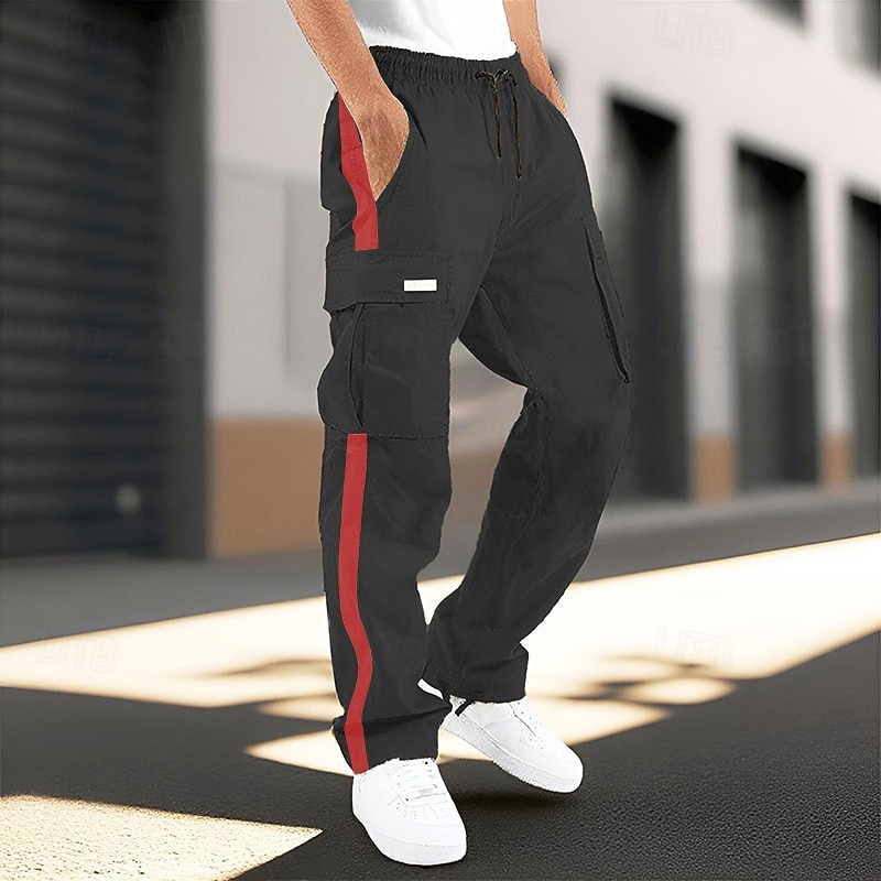 Men's Cargo Pants Trousers Elastic Waist Drawstring Multi Pocket Plain Wearable Outdoor Daily Camping & Hiking Fashion Classic Black / Red Black-White3