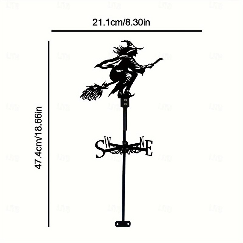 Black Iron Witch On Broomstick Weathervane - 1pc Silhouette Outdoor Fence & Farmhouse Decor - Garden Stake Yard Sign For Lawn & Garden Rustic Halloween Direction Indicator Kit3