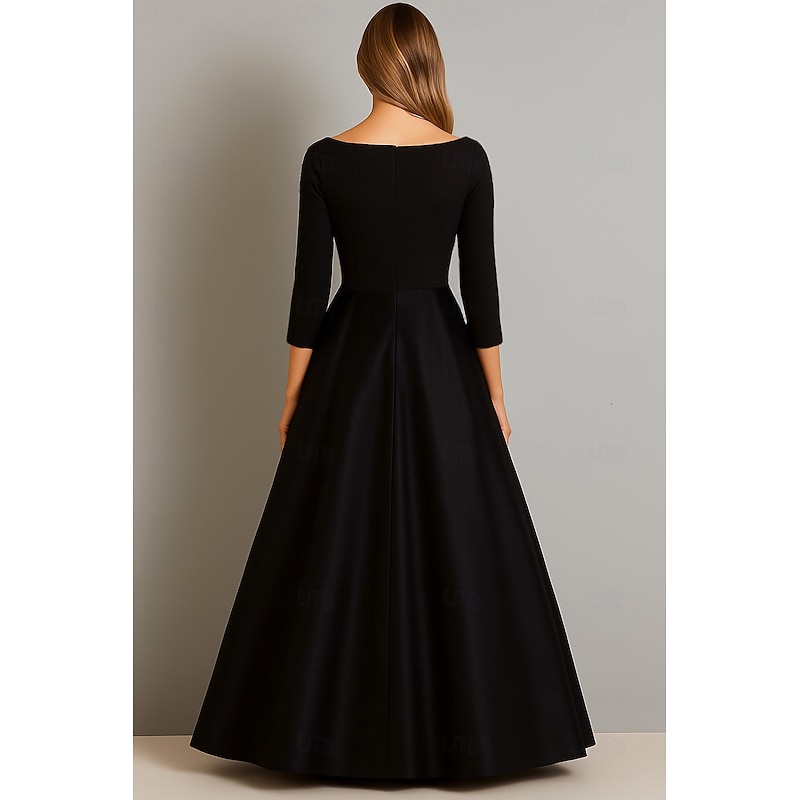 Black Ball Gown A-Line Evening Gown Stretch Crepe Top Elegant Floral Print Skirt Satin Formal Wedding Floor Length 3/4 Length Sleeve Boat Neck3