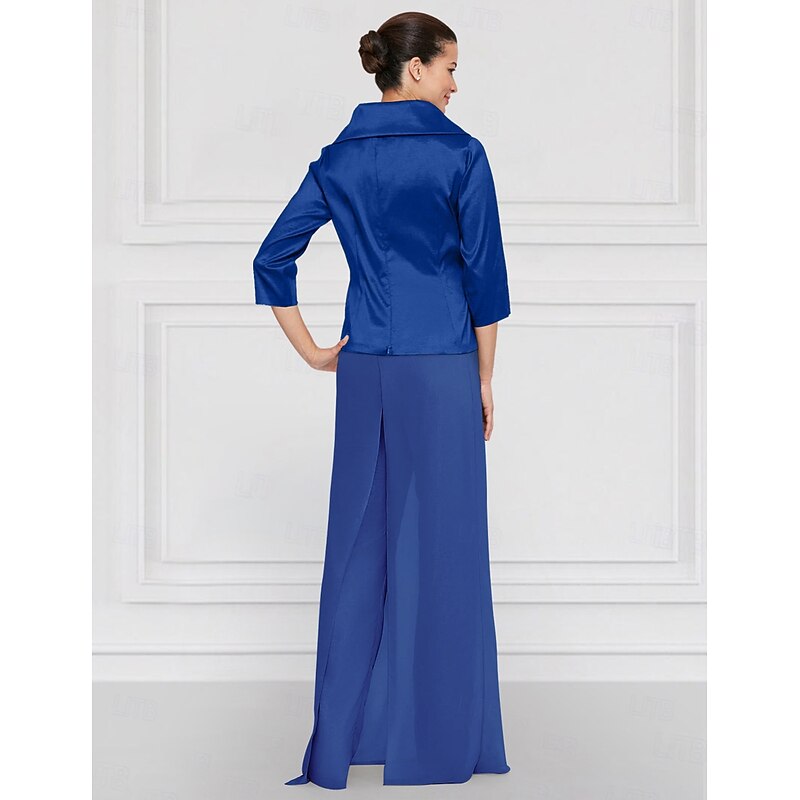 Two Piece Pantsuit Mother of the Bride Wedding Guest Elegant Simple Tailored Lapel Floor Length Chiffon Stretch Satin Long Sleeve with Sash / Ribbon Solid Color3