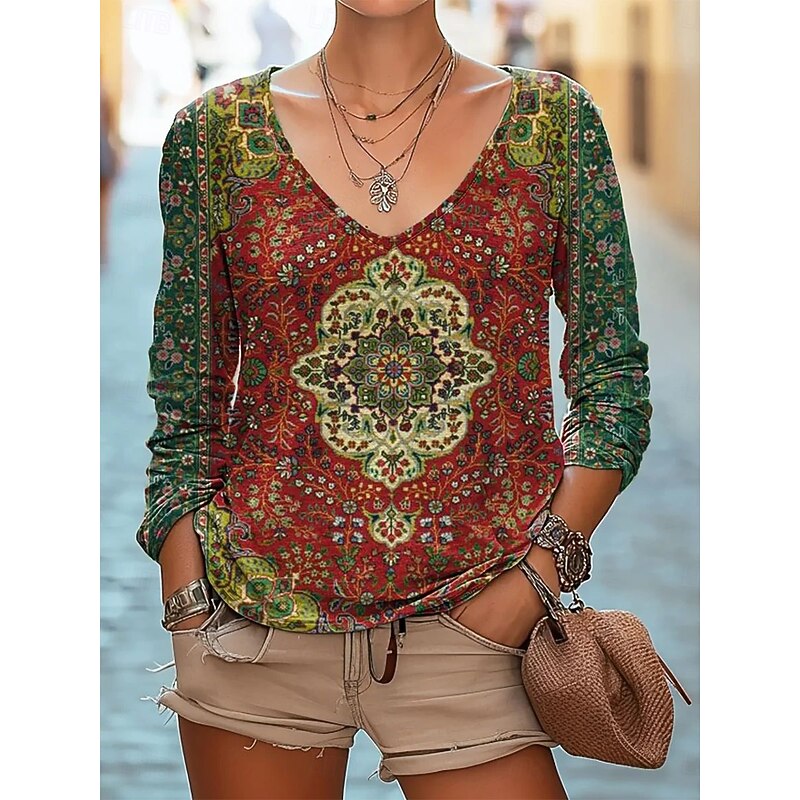 Women's Blouse Floral Retro Vintage Ethnic Long Sleeve V Neck Regular Tops Daily Holiday Print Black Pink Wine Red Royal Blue Summer Spring Fall3