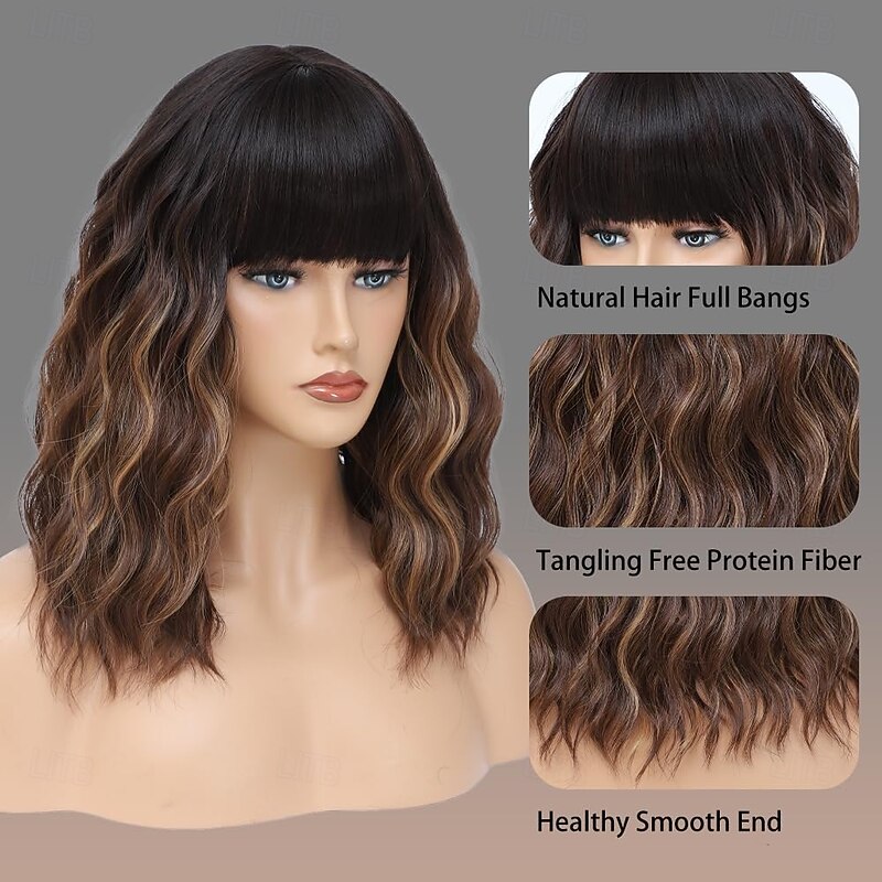 Brown Highlight Blonde Wig with Bangs Short Curly Bob Wigs for Women 14 Inch Shoulder Length Natural Looking Hair Replacement Wigs for Cosplay Party Use4