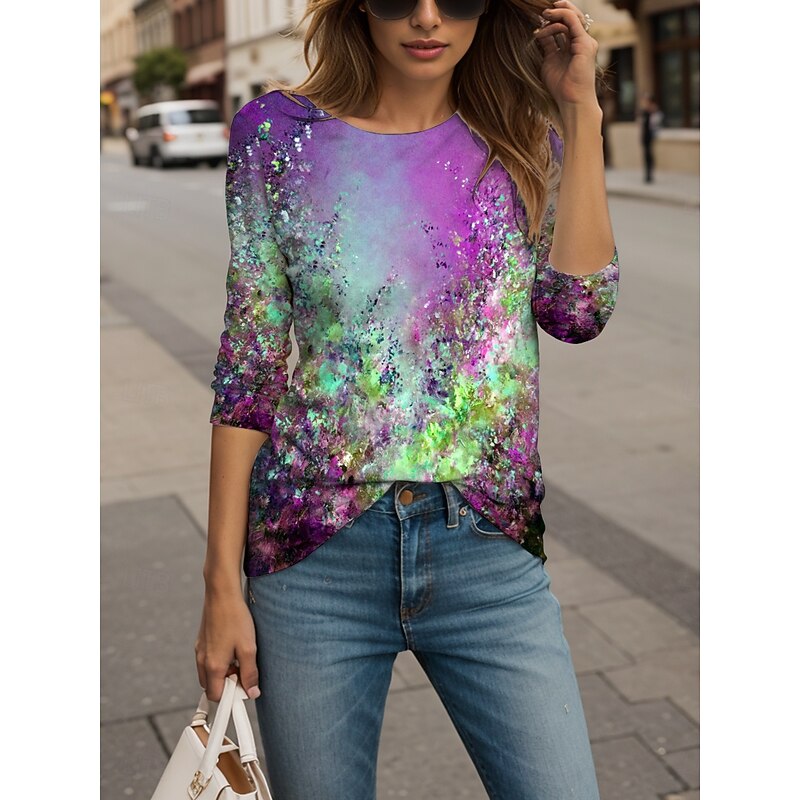Women's T shirt Crew Neck Long Sleeve Tunic Floral Graphic Abstract Vintage Stylish Classic  Round Neck Regular Tops Daily Weekend Print Yellow Red Blue Purple Green Spring Fall4