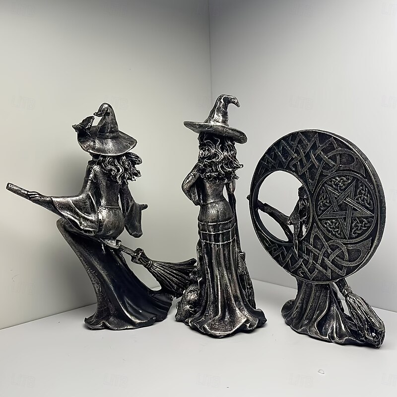 Fantasy Witch Statue Resin Moon Witch with Broomstick & Cauldron Collectible Figurine Mystical Halloween Ornaments for Living Room Tabletop Home Decoration4