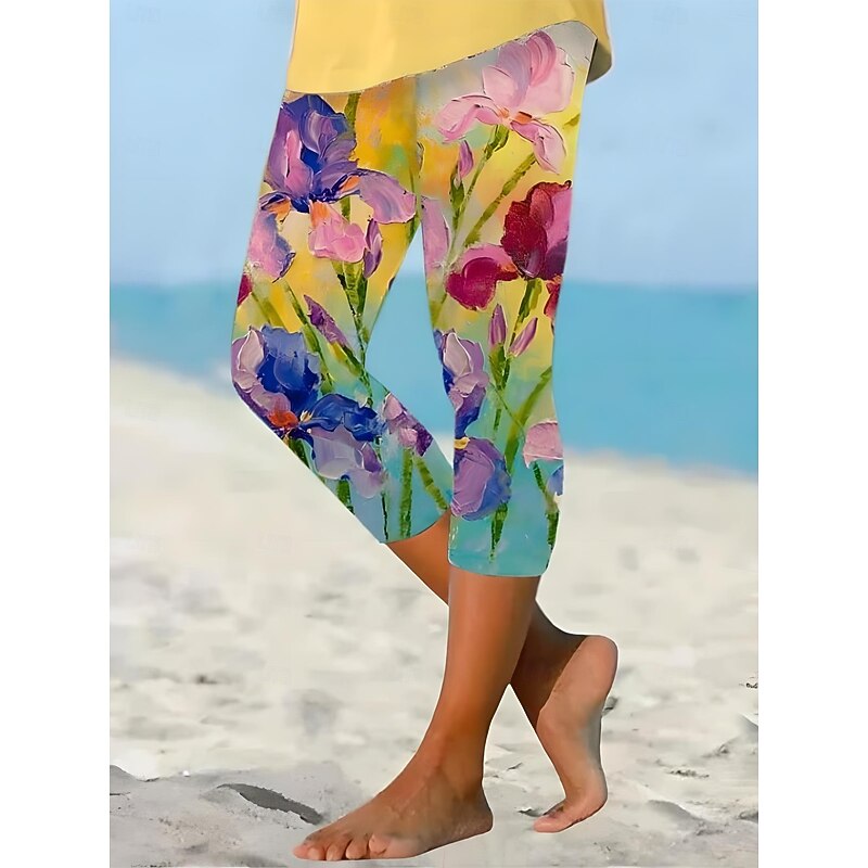 Women's Leggings Capri Pants High Elasticity Vacation Fashion Hawaiian Ankle-Length Mid Waist Floral Printing Thermal Warm Breathable Soft  Vacation Casual Daily Light Yellow Summer Spring