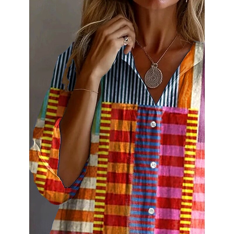 Women's Shirt Button Down Tunic Shirt Collar Long Sleeve Graphic Geometric Striped Vintage Tropical Daily Regular Tops Work Daily Holiday s Print Rainbow Spring Fall2
