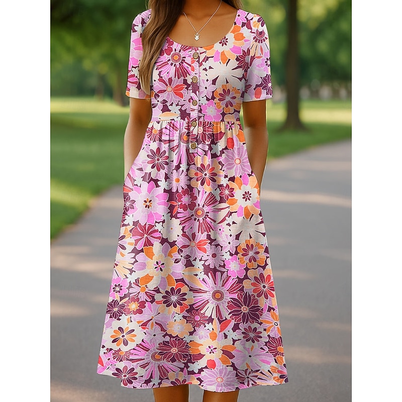 Women's Midi Dress Casual Dress Sundress A Line Dress Summer Dress Vacation Casual Beach Holiday Regular Fit Floral Graphic Short Sleeve Crew Neck Pink Blue Orange Green Summer Spring
