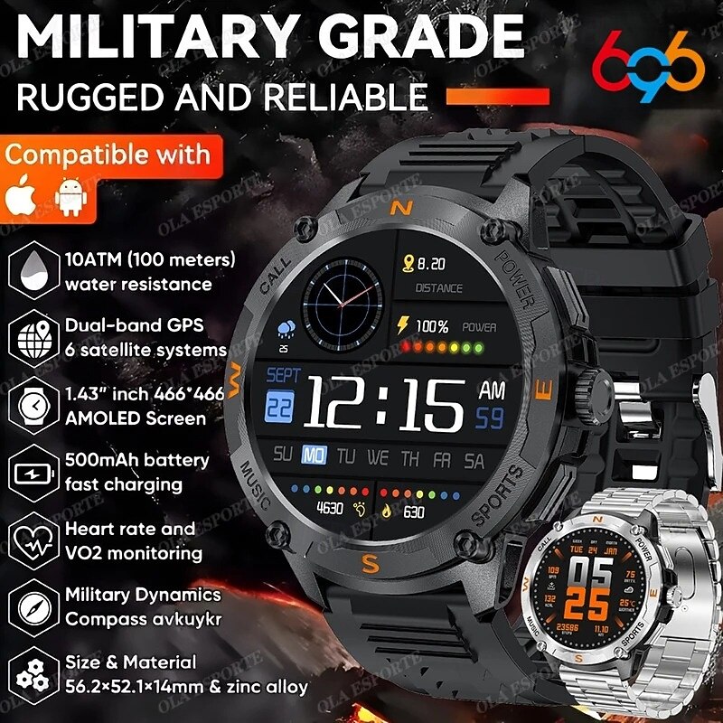 QW76 Smart Watch 1.43 inch Smartwatch Fitness Running Watch Bluetooth Timer Call Reminder Heart Rate Monitor Sedentary Reminder Find My Device Compatible with Android iOS IP68 Men Heart Rate Monitor
