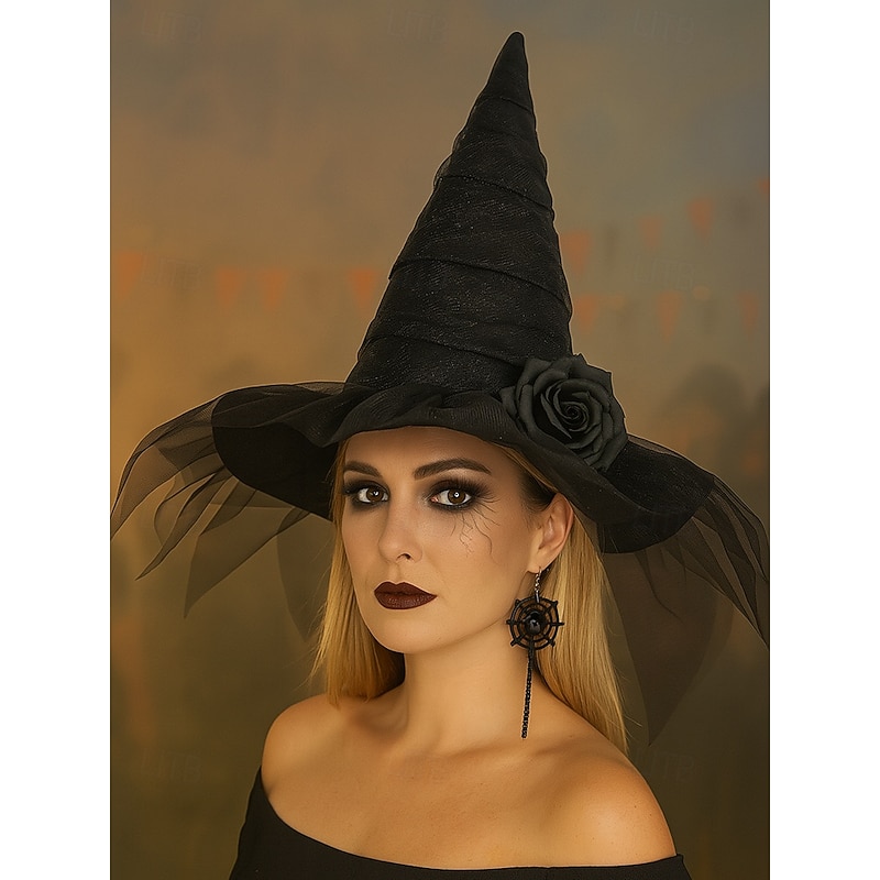 Women's Halloween Witch Hat with Rose and Mesh Veil – Gothic Pointed Hat for Costume Parties, Cosplay & Themed Events2