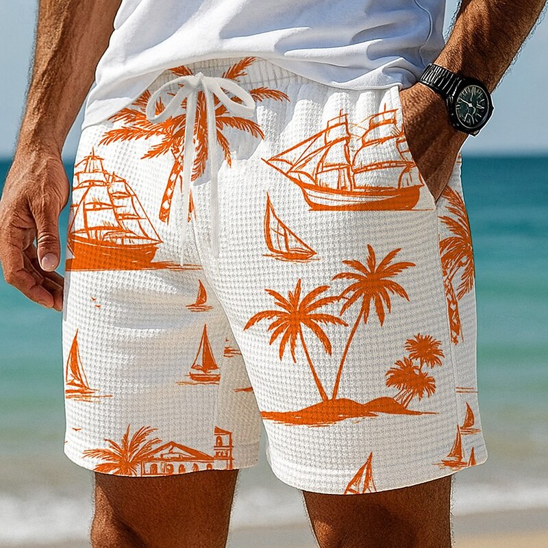 Men's Coconut Tree Sailboat Tropical Plants Waffle Shorts Sweat Shorts Casual Shorts Mid Waist Hawaiian Vacation Jogging Workout Elastic Drawstring Waist Shorts with Pockets Designer Clothing Apparel3
