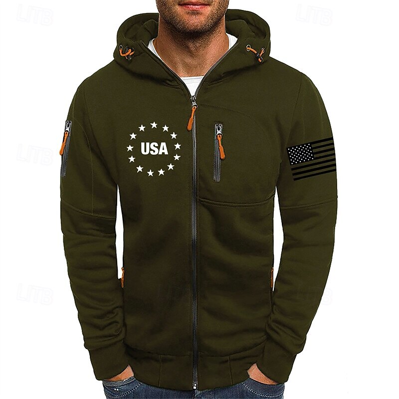 Men's Hoodie Full Zip Hoodie Wine Army Green Blue Green Khaki Hooded National Flag Sports & Outdoor Daily Holiday Polyester Streetwear Basic Casual Spring Autumn / Fall Clothing Apparel Hoodies3