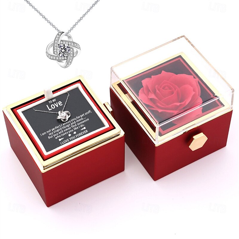 To My Love Necklace with Forever Roses Box, Christmas Gift for Her, Romantic Rotating Jewelry Box with Soap Flowers and Eternal Rose, Flip Design Packaging for Proposal, Valentine's Day, Ann