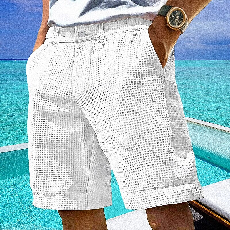 Men's Waffle Shorts Shorts Summer Shorts Casual Shorts Pocket Buttons Plain Comfort Breathable Short Outdoor Vacation Sport Casual Black White2