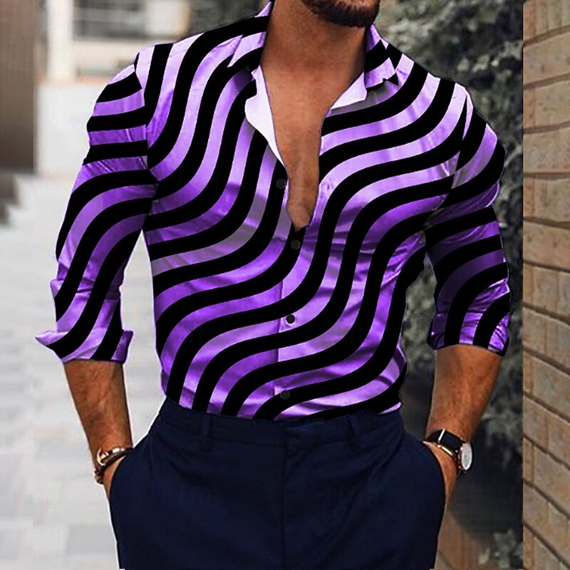 Men's Striped Geometric Pattern Shirt Button Up Shirt Long Sleeve Party Designer Casual Vacation Daily Holiday Collar Shirt Collar Black Yellow Red Purple3