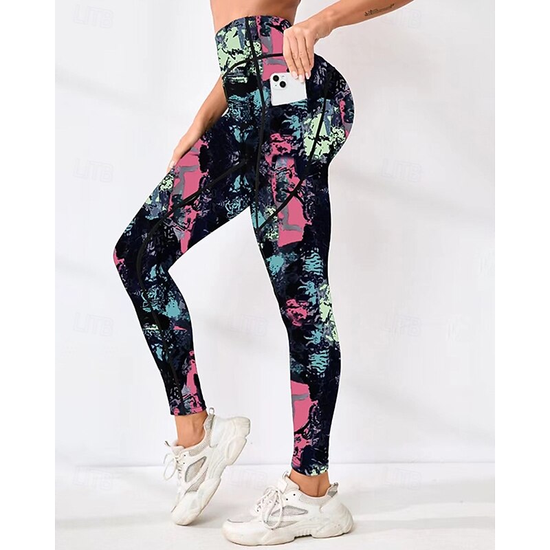 Women's Capri Leggings Yoga Leggings with Pockets Tummy Control High Waist Gym Athletic Pilates Bottoms Printing Black Fall Sports Activewear Tight Fit
