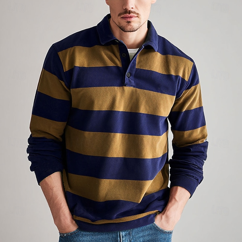 Men's Horizontal Stripes Rugby Polo Long Sleeve Polo Shirts Collared Shirts Sportswear Casual School Outdoor Athleisure 3D Print Spring Fall Winter Red Blue Brown3