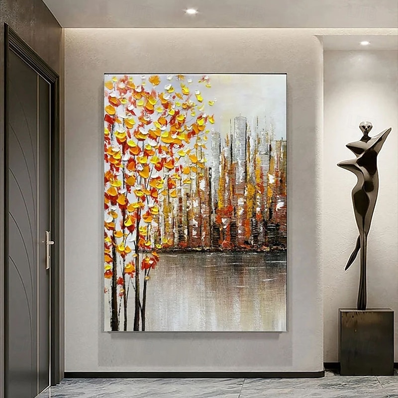 Handmade Urban Autumn Canals oil painting Hand-Painted Oil painting  Warm Citrus Foliage Structured Cityscape Serene Water Reflections Dark Gray Frame Cozy Interior Accents picture2