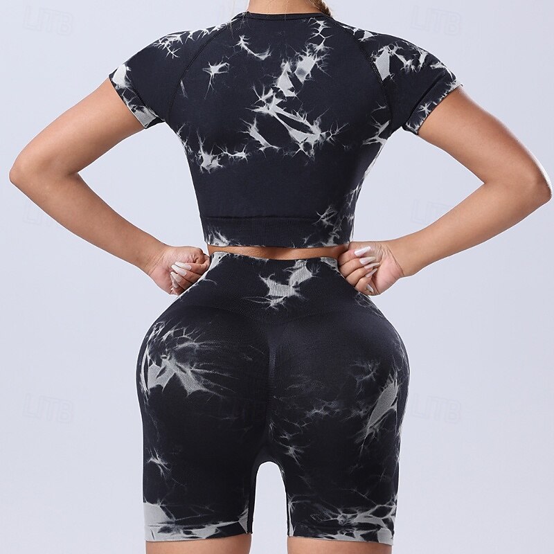 Women's 2 Pieces Workout Sets Shorts and Crop Top Tie Dye Clothing Suit Black Pink Gym Workout High Waist Stretchy Breathable Short Sleeve Sport Activewear Slim4