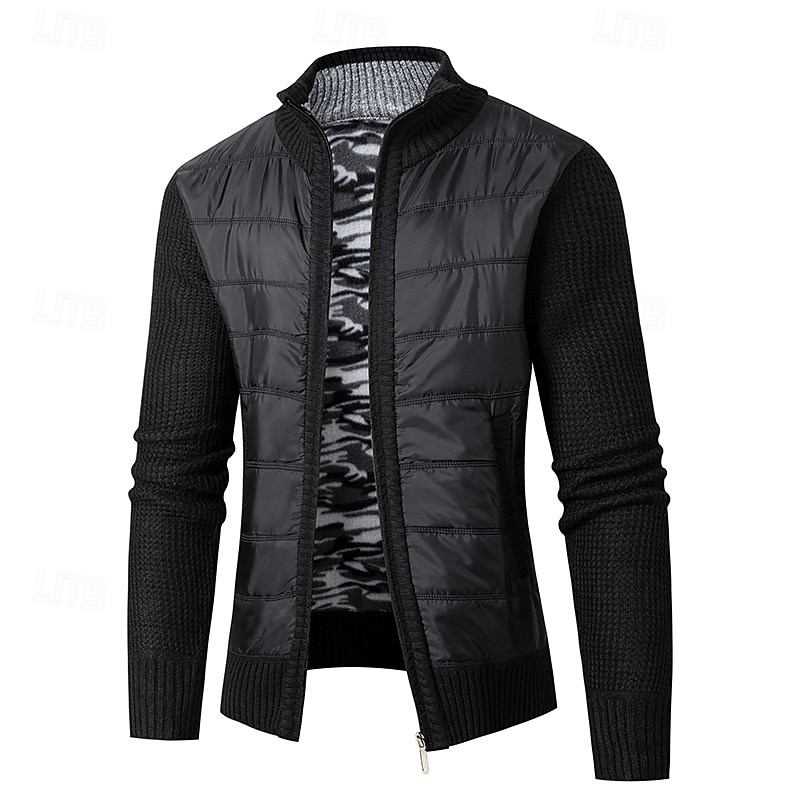 Men's Cardigan Sweater Cropped  Sweater Zip Sweater Knit Sweater Ribbed Knit Regular Tops Patchwork Pocket Plain Stand Collar Fashion Classic Vacation Daily Wear Clothing Apparel Fall Winter Black3