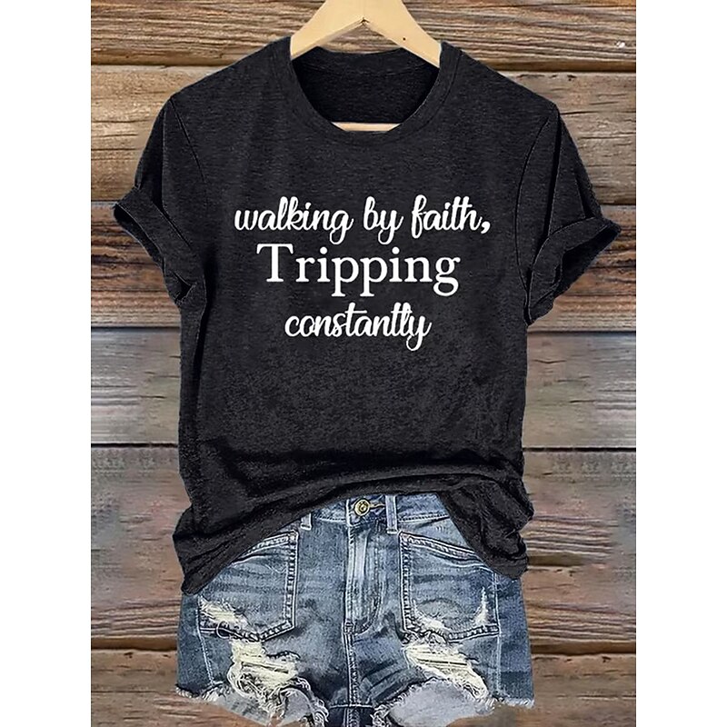 Women's Walking By Faith Tripping Constantly Print T Shirt Graphic Vintage Stylish Classic Short Sleeve Crew Neck Round Neck Regular Tops Daily Print Black White Pink Red Blue Summer Spring2