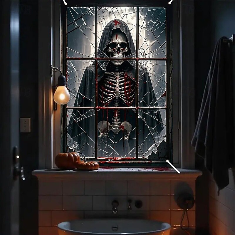Halloween Window Curtain Skeleton in Bathtub Scene, Realistic Horror Door Cover, Window cover,  Wall Tapestry for 2025 Halloween Decoration2