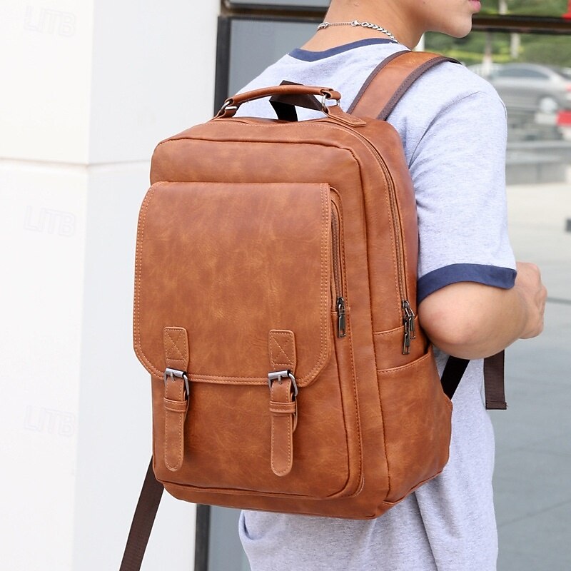 Men's Vintage Faux Leather Backpack – Large Capacity Business and Travel Bag with Buckle Straps and Laptop Compartment3