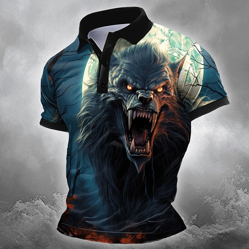 Halloween Men's Animal Wolf Polo Short Sleeve Polo Shirts Collared Shirts Casual Horror Dark Outdoor Athleisure Festival Outfit 3D Print Buttons Summer Black Blue2