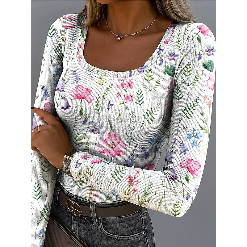 Women's T shirt Long Sleeve Ribbed Graphic Square Neck Long Sleeve Casual Floral Plants Vintage Stylish Regular Tops Daily Print Black White Yellow Light Green Purple Spring Fall Prefall2