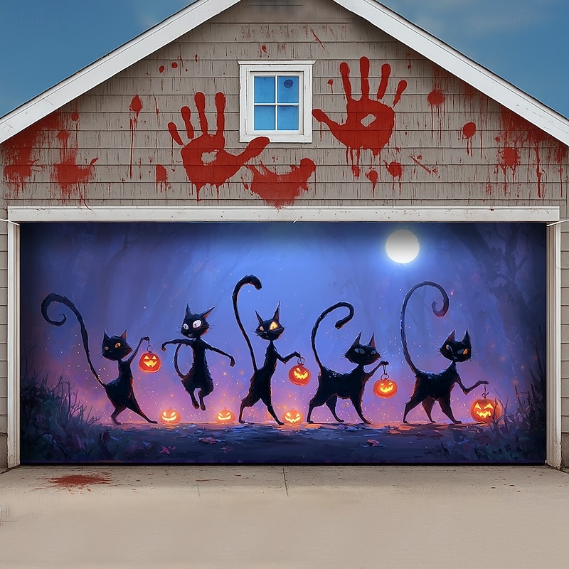 Halloween Garage Door Cover Black Cat Silhouettes Banner, Large Tapestry Backdrop Decoration for Holiday Outdoor Garage Door and Home Wall, 2025 Halloween Decorations