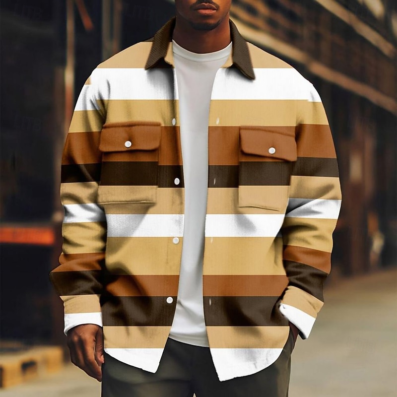 Men's Horizontal Stripes Corduroy Shirt Shacket Shirt Jacket Long Sleeve Casual Outdoor Dailywear Fall Winter Turndown Button-Down Warm Jacket with Flap Pockets Light Green Pink Blue Sky Blue Purple