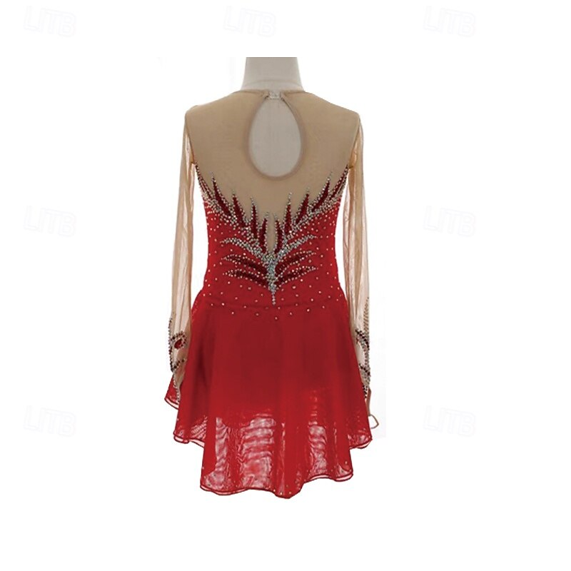 Figure Skating Dress Women's Girls' Ice Skating Dress Patchwork Thumbhole Mesh Spandex Stretchy Training Practice Professional Skating Wear Thermal Warm Crystal / Rhinestone Long Sleeve Ice Skating2