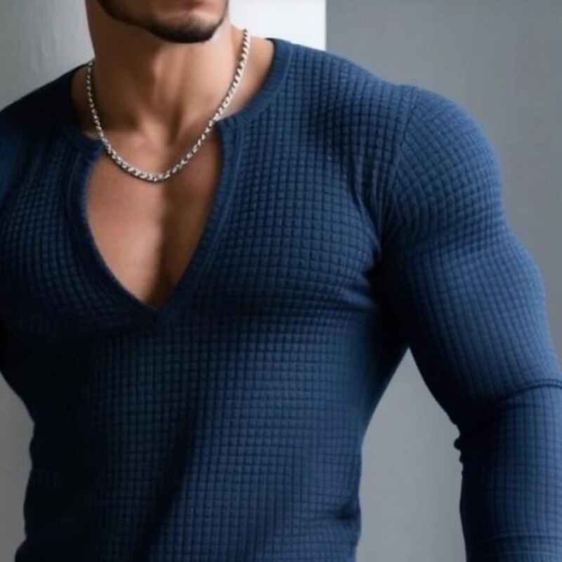 Men's Waffle T-shirt T Shirt Long Sleeve V Neck Open Front Spring &  Fall Solid Color Textured Modern V Neck Outdoor Home Sports & Outdoor Black Navy Blue Top Tee for Men2