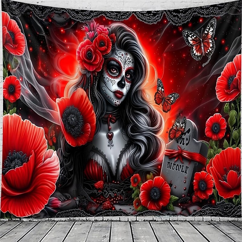 Day of the Dead Skeleton Bride Scene Wall Tapestry Backdrop, Gothic Red Curtain Spooky Decoration for 2025 Halloween Living Room, Bedroom4