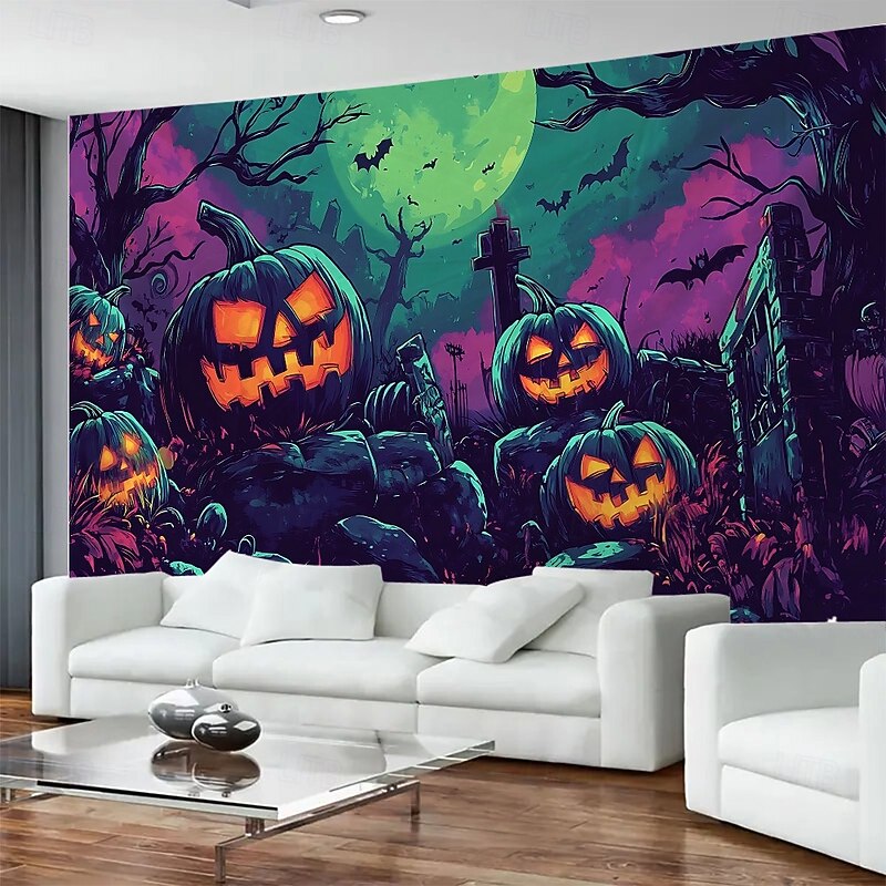 Halloween Pumpkin Lantern Bat Night Landscape Hanging Tapestry Mural Art Large Tapestry Mural Decoration Photos Background Carpet Curtains Home Bedroom Living Room Decoration4