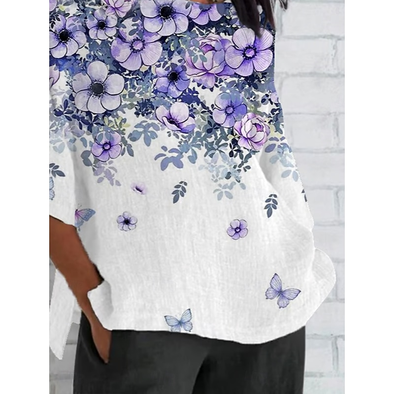 Easter Women's T Shirt Ombre Floral Graphic Vintage Classic Casual 3/4 Length Sleeve Crew Neck Regular Tops Daily Weekend Beach Wear Print Purple Summer Spring Fall3