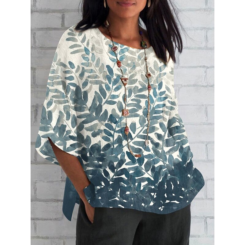 Women's Shirt Leaf Daily Casual 3/4 Length Sleeve Crew Neck Regular Tops Daily Holiday Print Royal Blue Blue Purple Green Summer Spring Fall