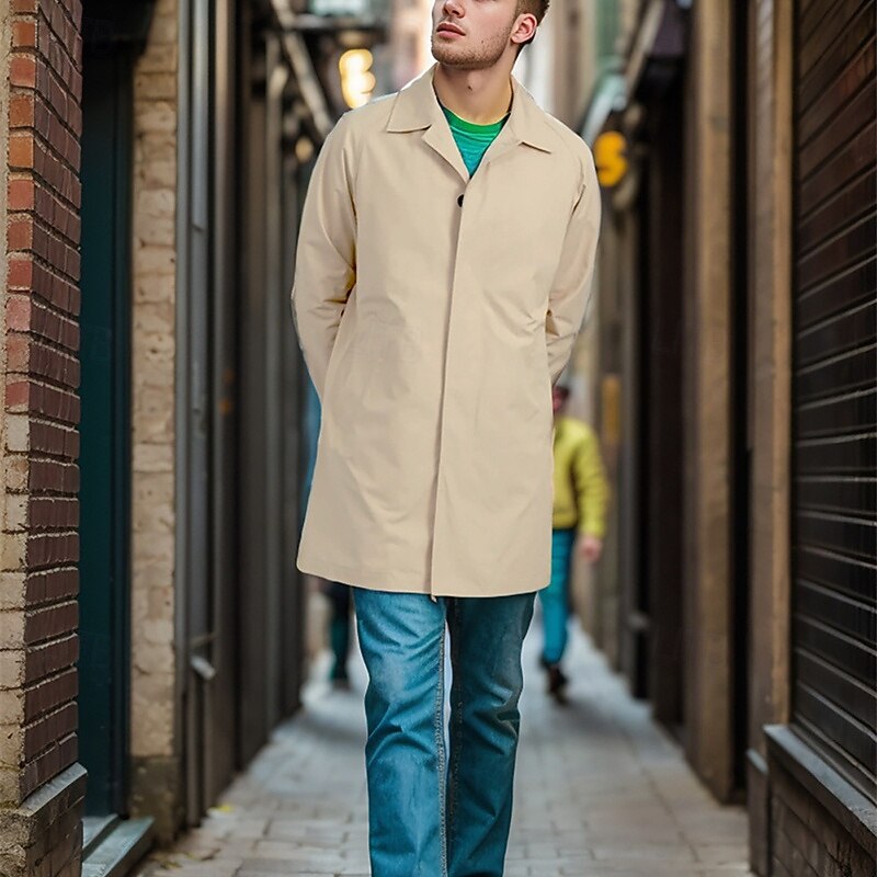 Men's Overcoat Trench Coat Long Trench Coat Vacation Daily Fall Winter Polyester Windproof Soft Outerwear Clothing Apparel Fashion Classic Plain Pocket Lapel Single Breasted4