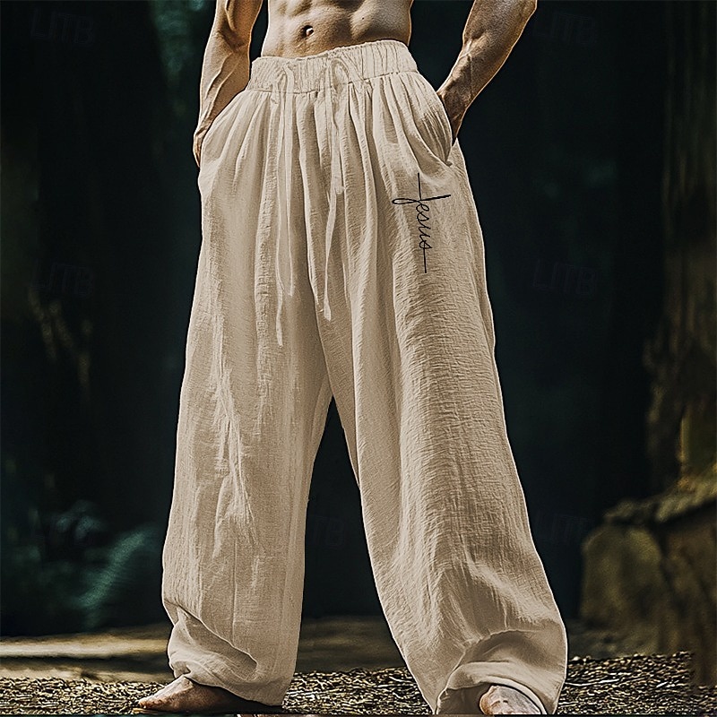 Men's Linen Pants Trousers Summer Pants Beach Pants Pocket Elastic Waist Drawstring Plain Comfort Breathable Vacation Daily Holiday Hawaiian Boho Black White3