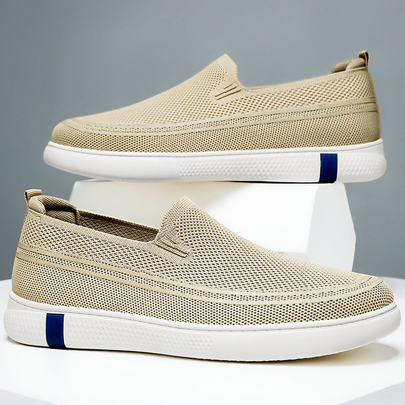 Men's Beige Knit Slip-On Sneakers – Breathable Lightweight Casual Shoes for Summer, Walking and Vacation2